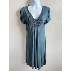 Peruvian Connection Dark Teal Crochet Neck Dress Women's S Short Puff Sleeve